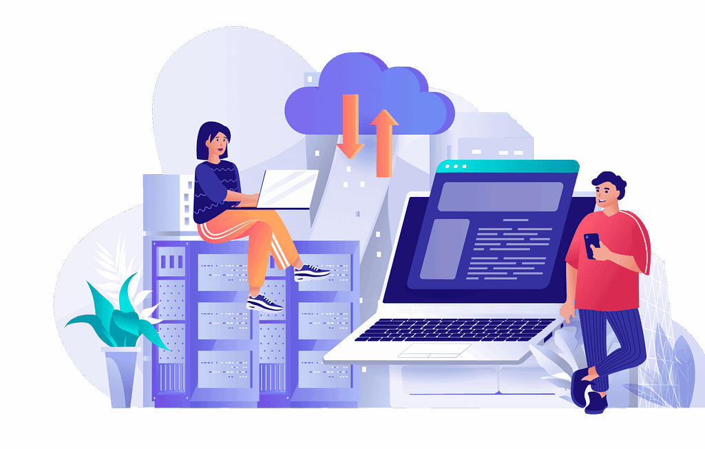 Illustration of people working with cloud hosting and website servers, representing domain and hosting technology.