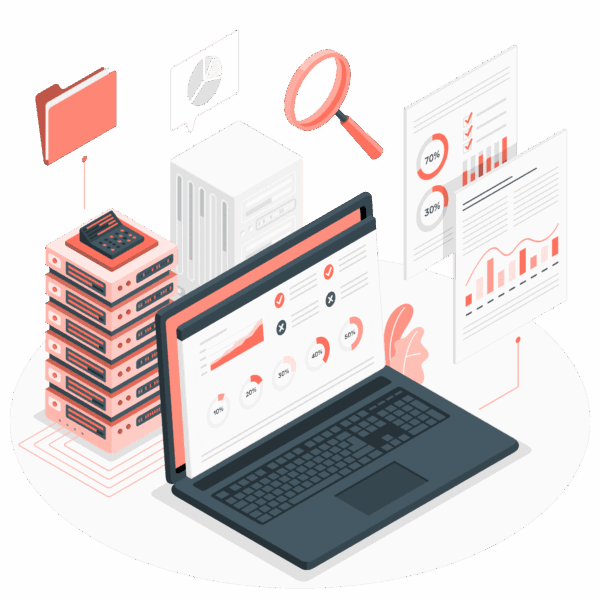 Website design performance dashboard and data visualization Laptop displaying website design analytics with server stack, charts, and performance metrics