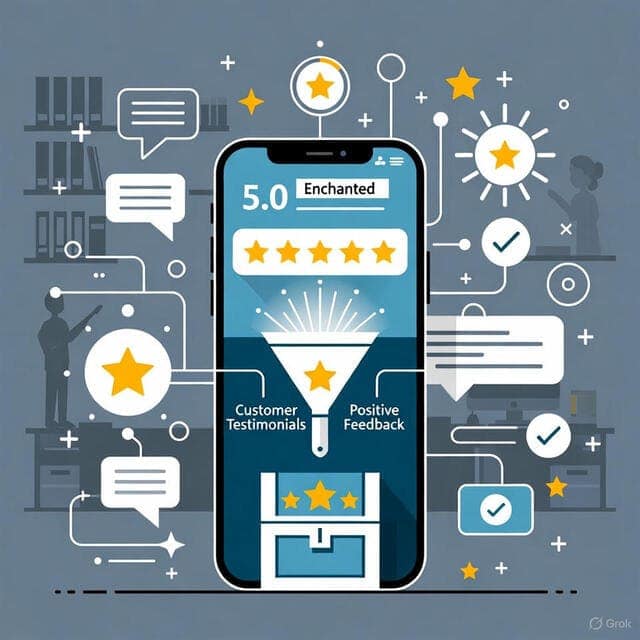 Achieve 5.0 Ratings with Review Funnel in Reputation Management Phone showing 5.0 enchanted rating with testimonial funnel and positive feedback, business reputation management Austin
